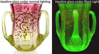 Vaselin glass under normal and black light